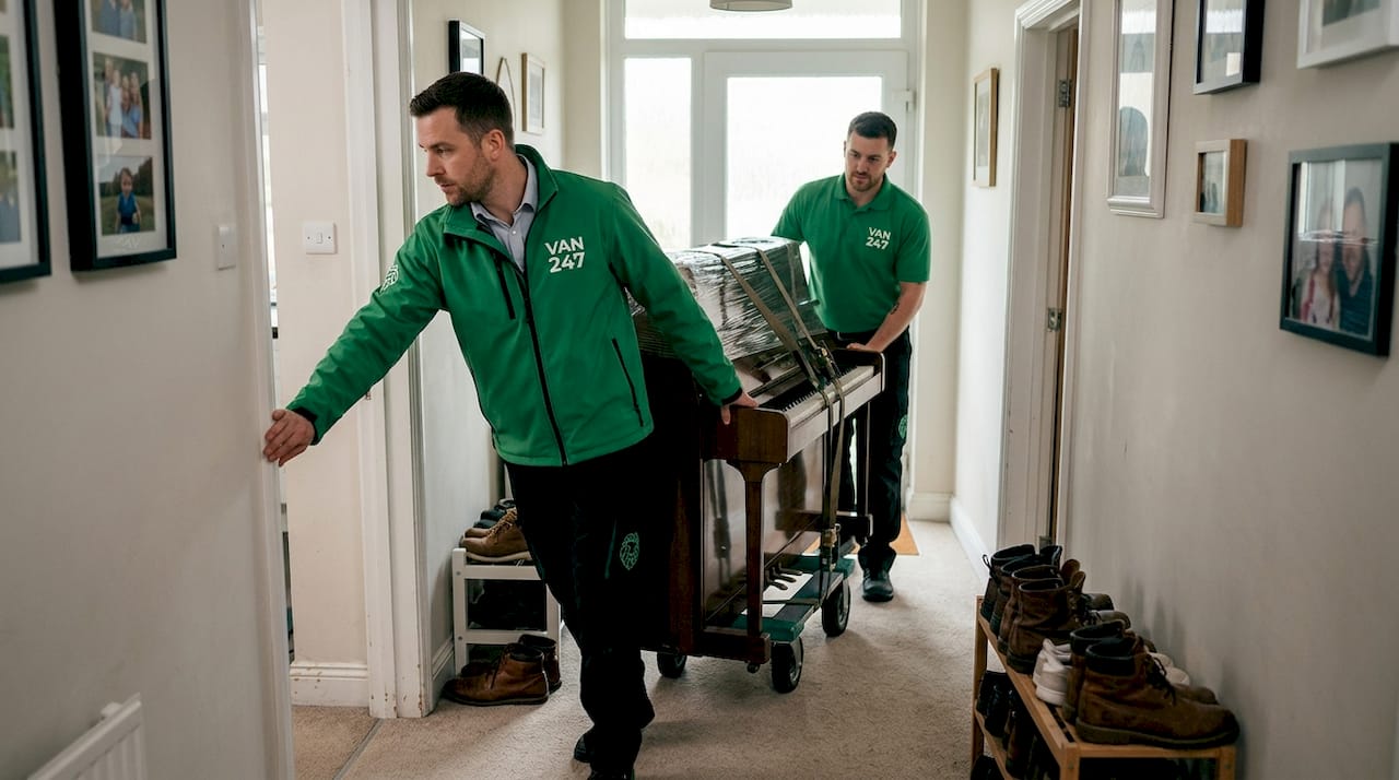 Movers guiding piano trolley down hallway