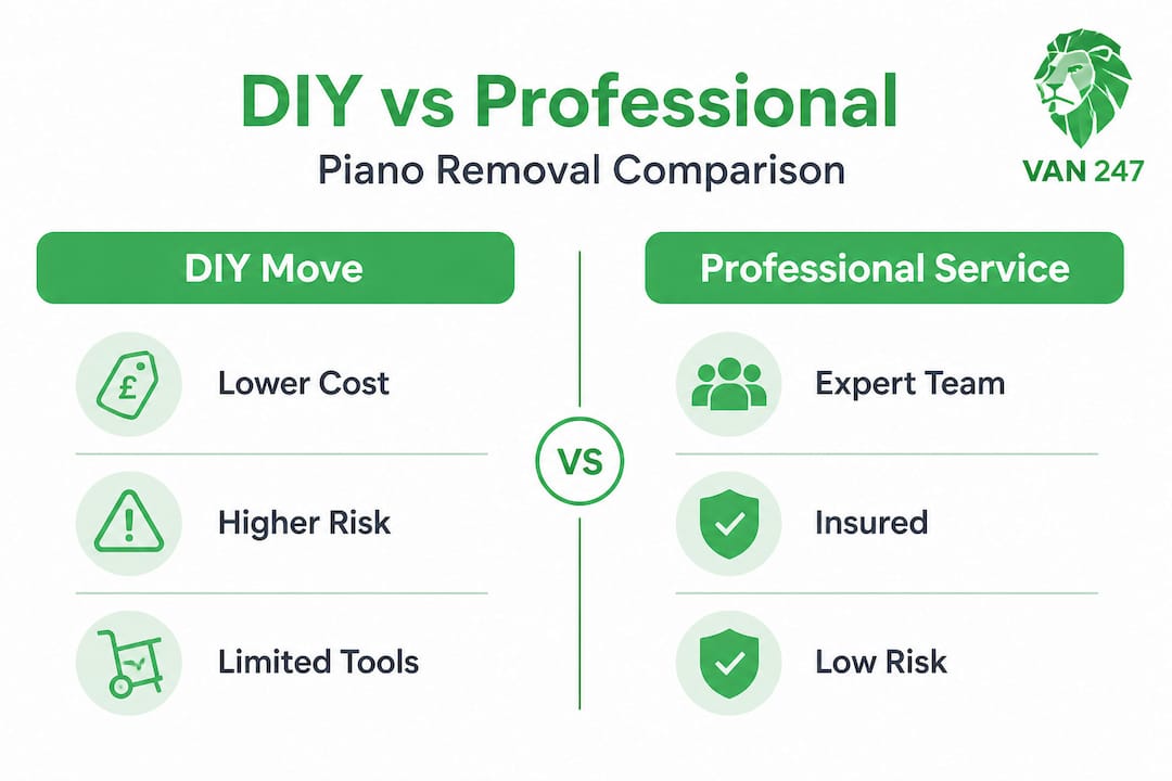 Infographic comparing DIY and professional piano removal