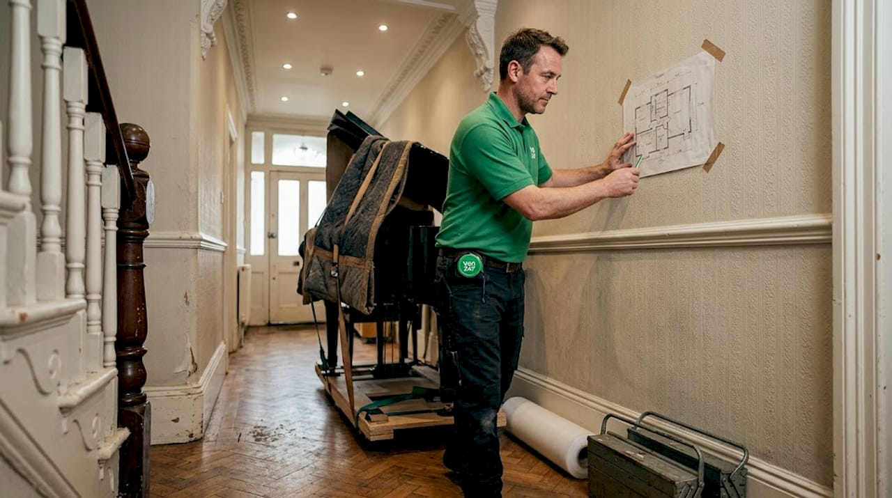 Specialist uses equipment to move grand piano safely