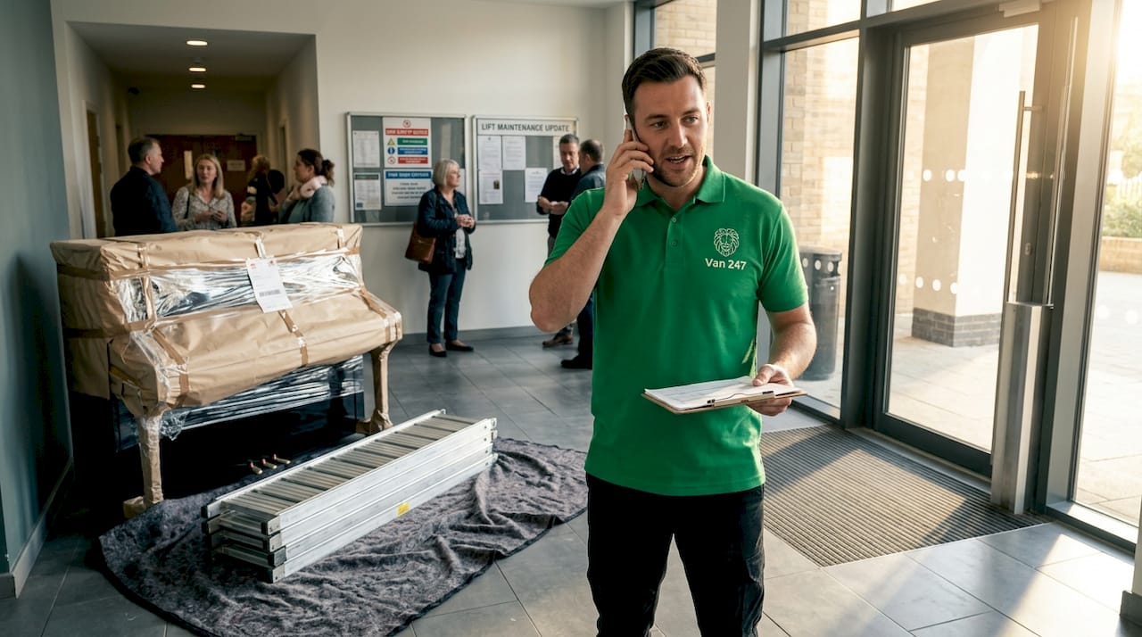 Coordinator organizing piano move in apartment
