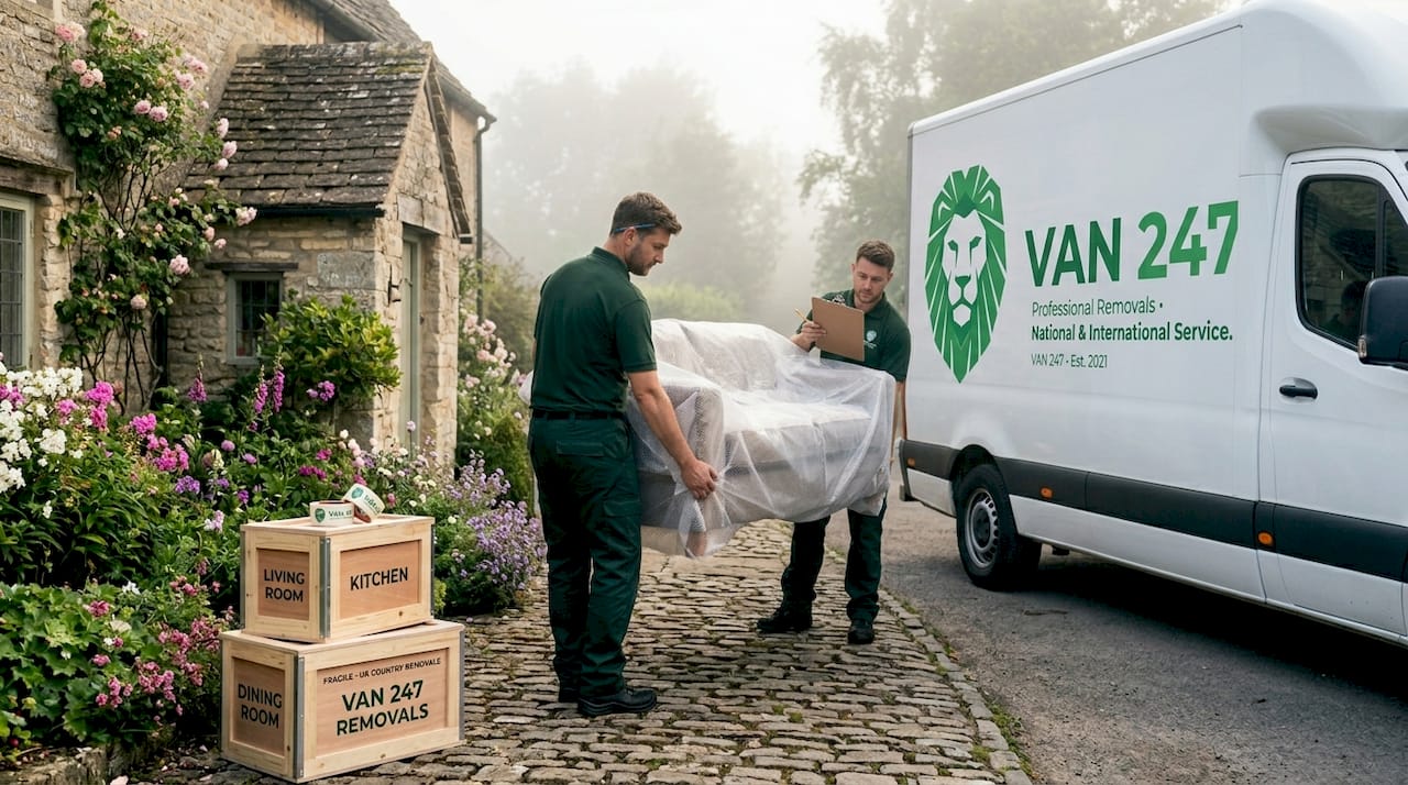 Movers carrying sofa to removals van
