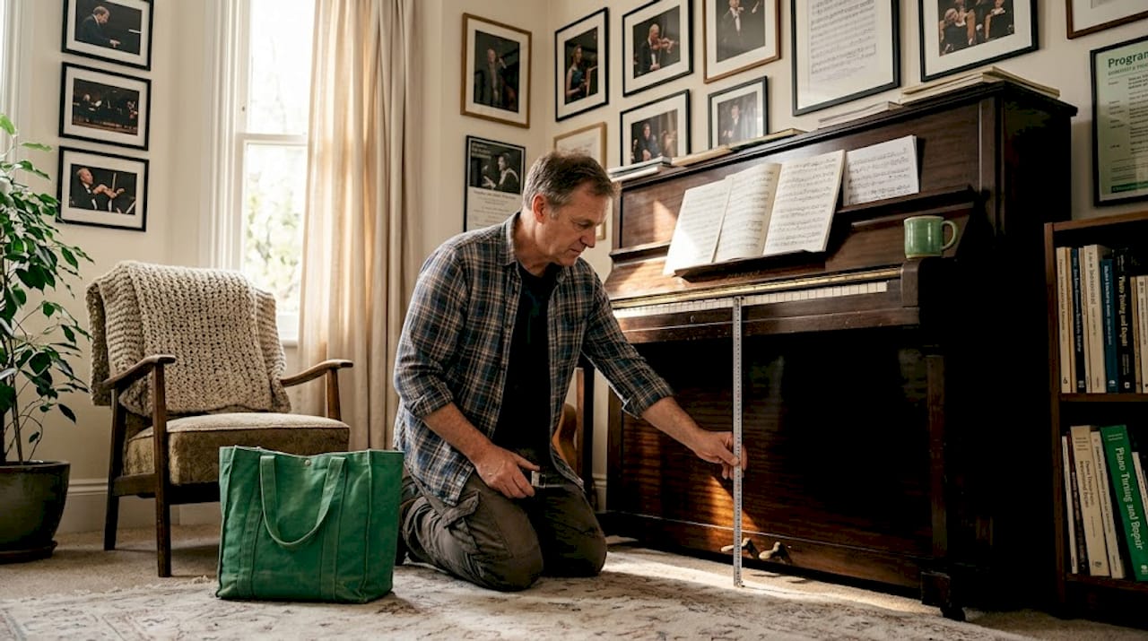 Man measuring piano dimensions in living room