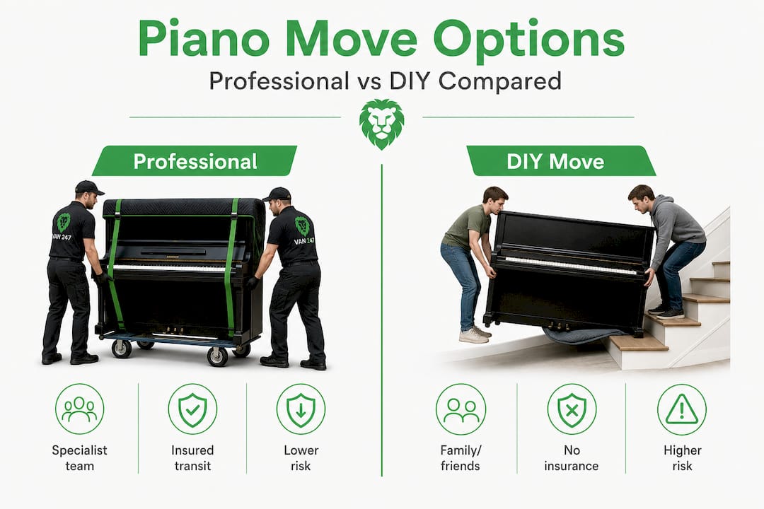 Infographic comparing professional and DIY piano moving