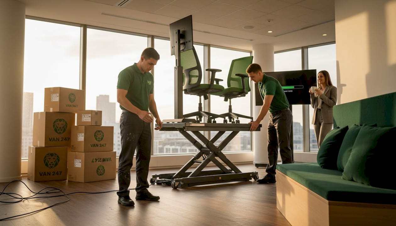 Movers loading office equipment onto lift