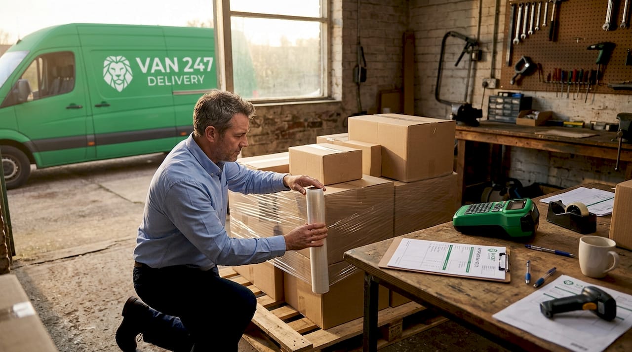 Business owner wrapping boxes on a pallet