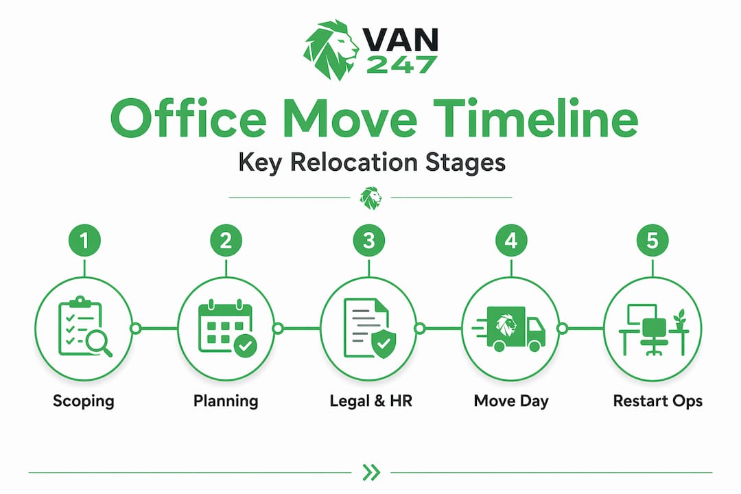 Infographic showing office move steps timeline