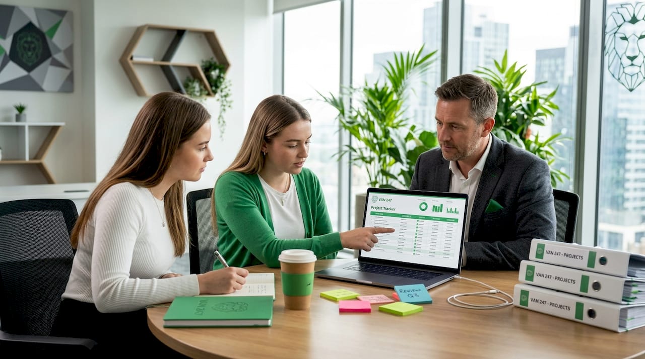 Office team planning move logistics at table