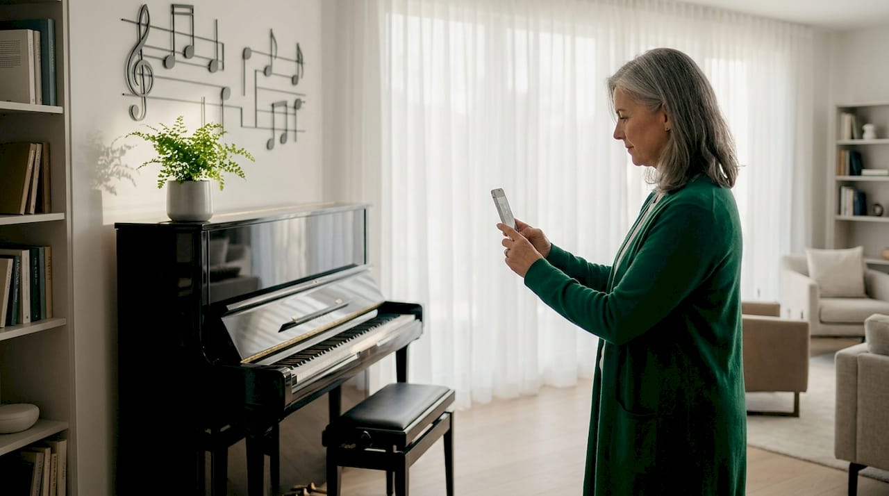 Person photographing piano before local move