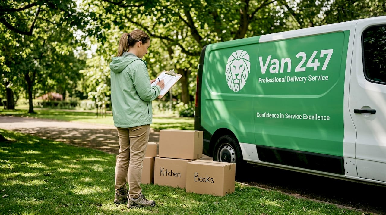 Woman checking van move checklist street