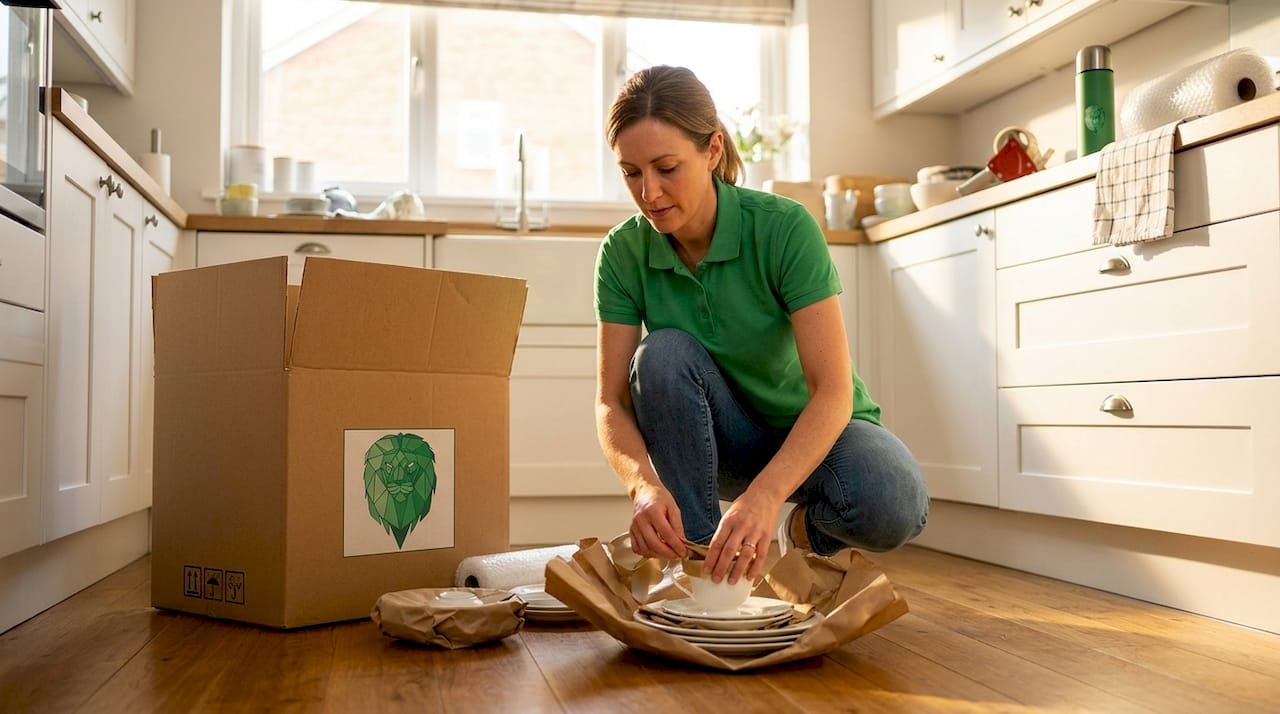 Packer carefully wrapping kitchen glassware
