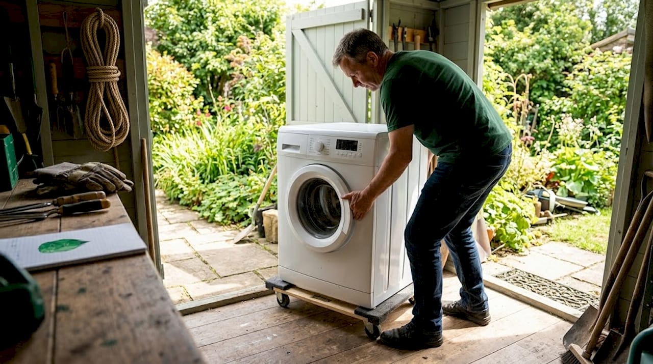Man loading washing machine onto dolly