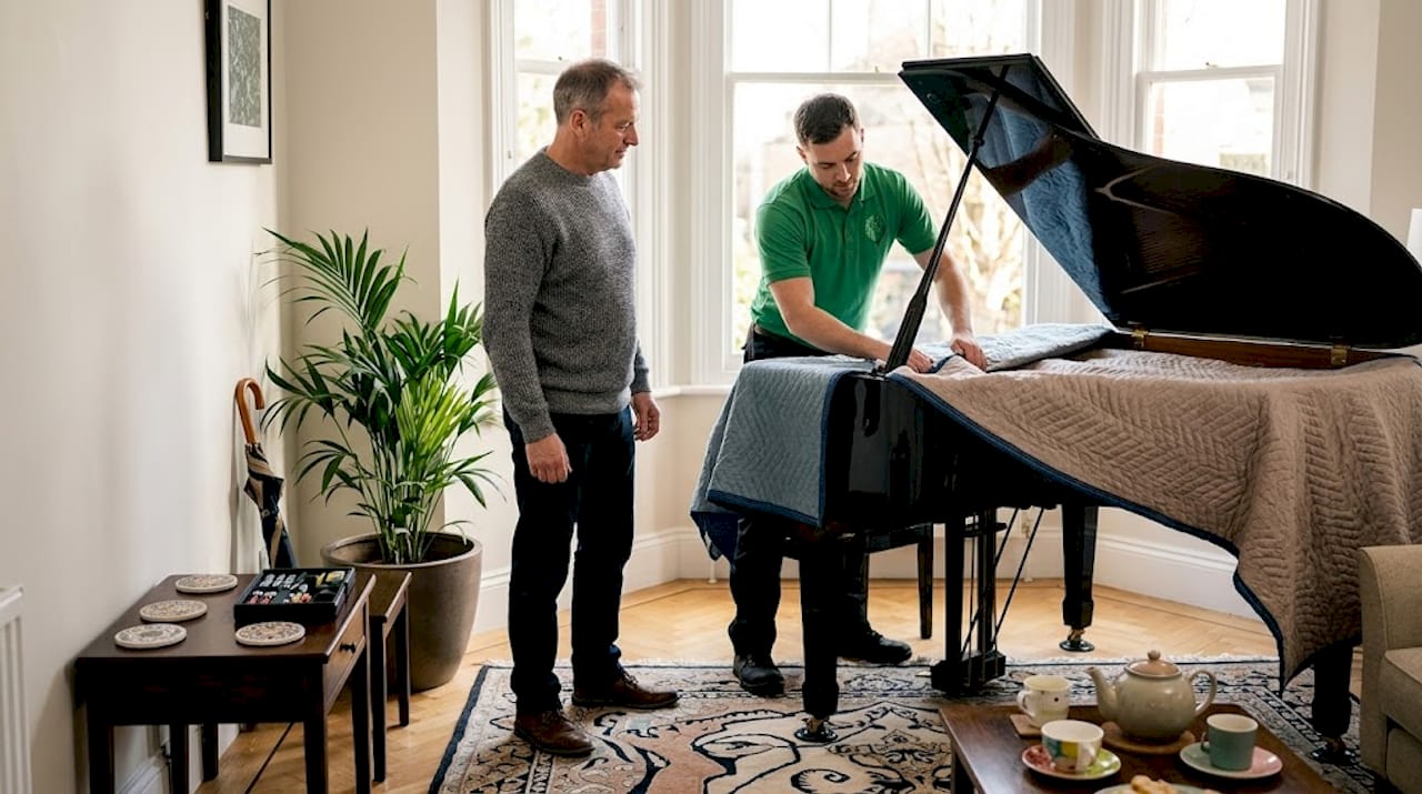 Mover wrapping piano with homeowner watching