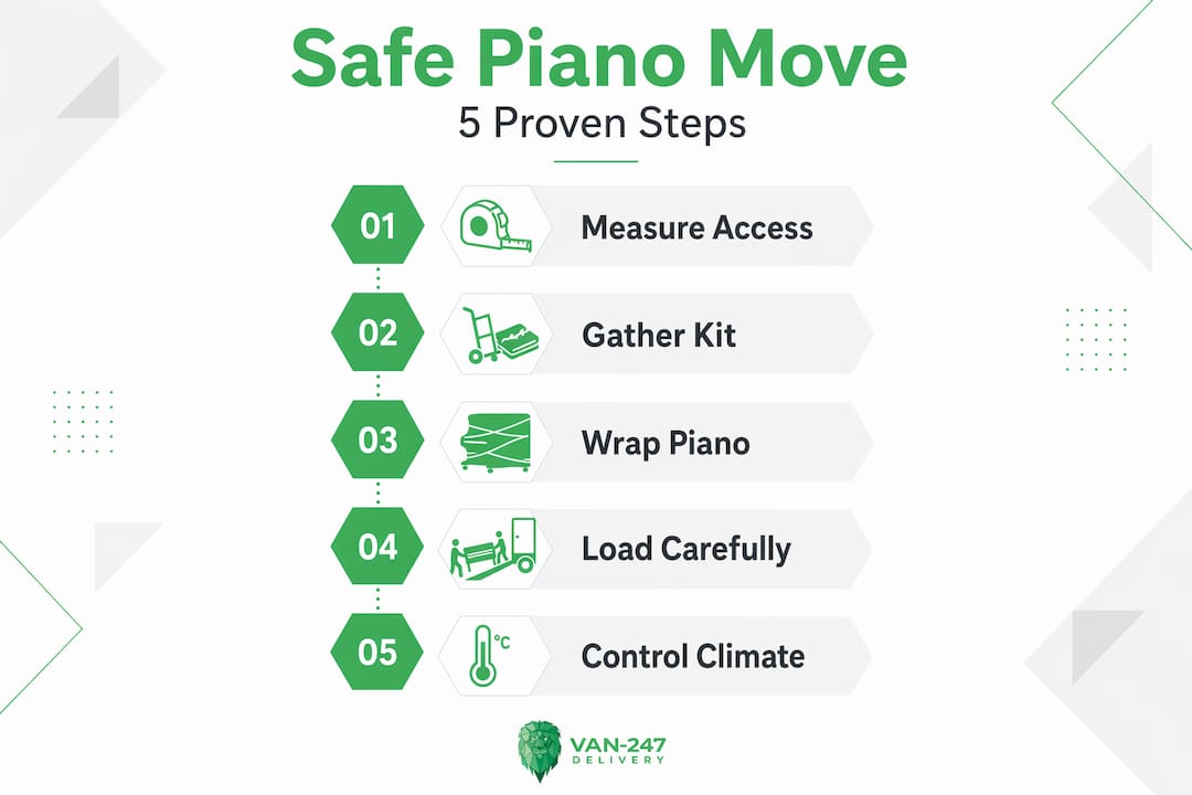 Infographic showing five steps to protect piano during a move