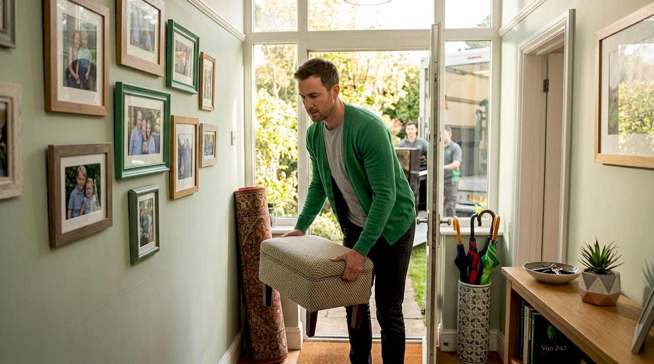 Man clearing hallway for piano moving