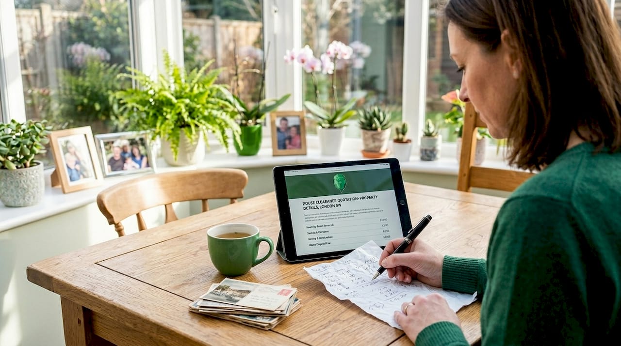 Woman reviews house clearance quote in kitchen