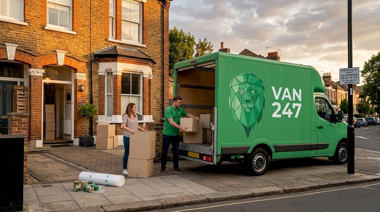 Family loading boxes into moving van outside home
