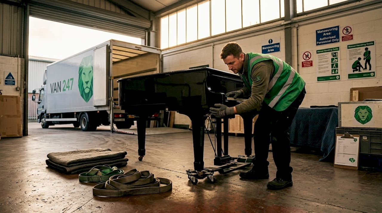 Mover using dolly to transport grand piano safely