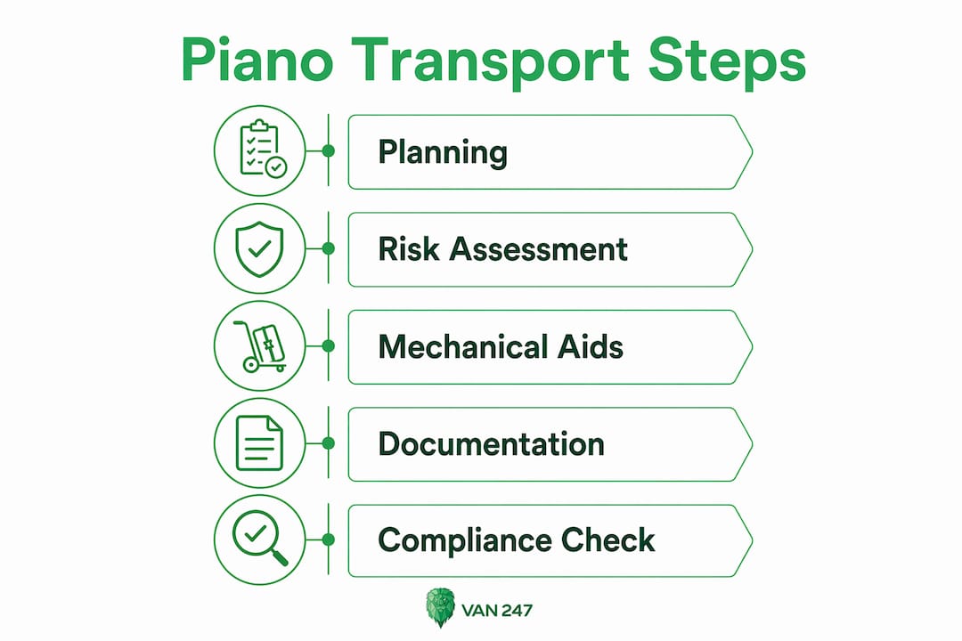 Infographic showing step-by-step piano transport process