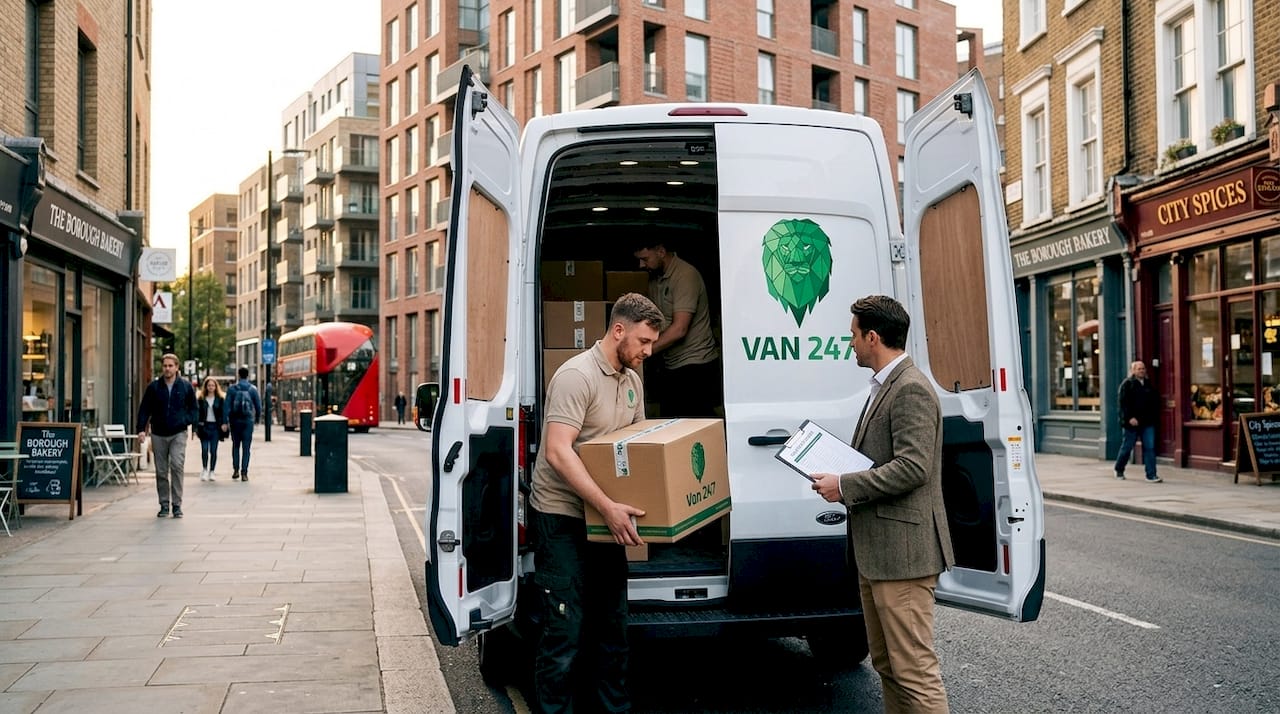 Removal worker loading van on residential UK street