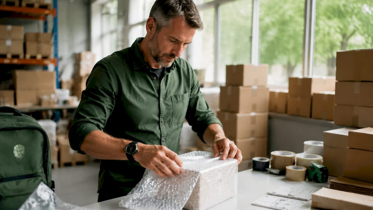 Logistics worker packing urgent delivery box