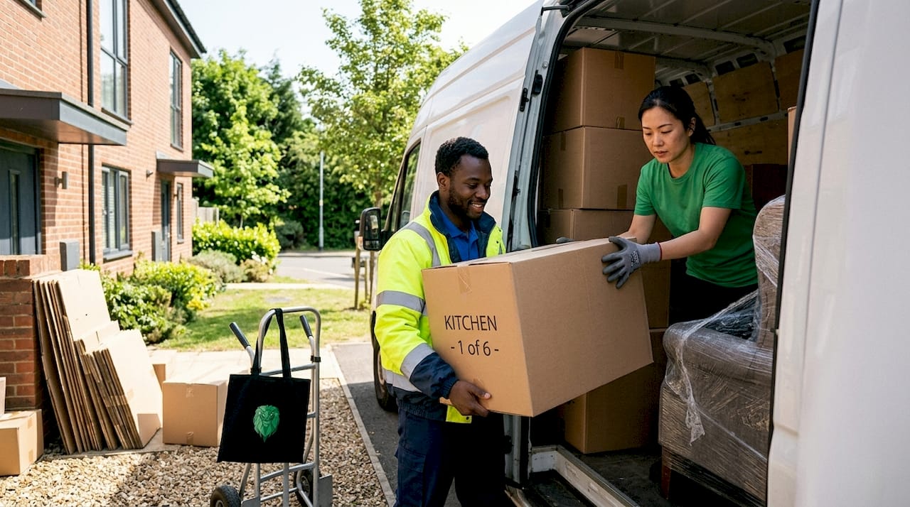 Staff loading removal van with furniture