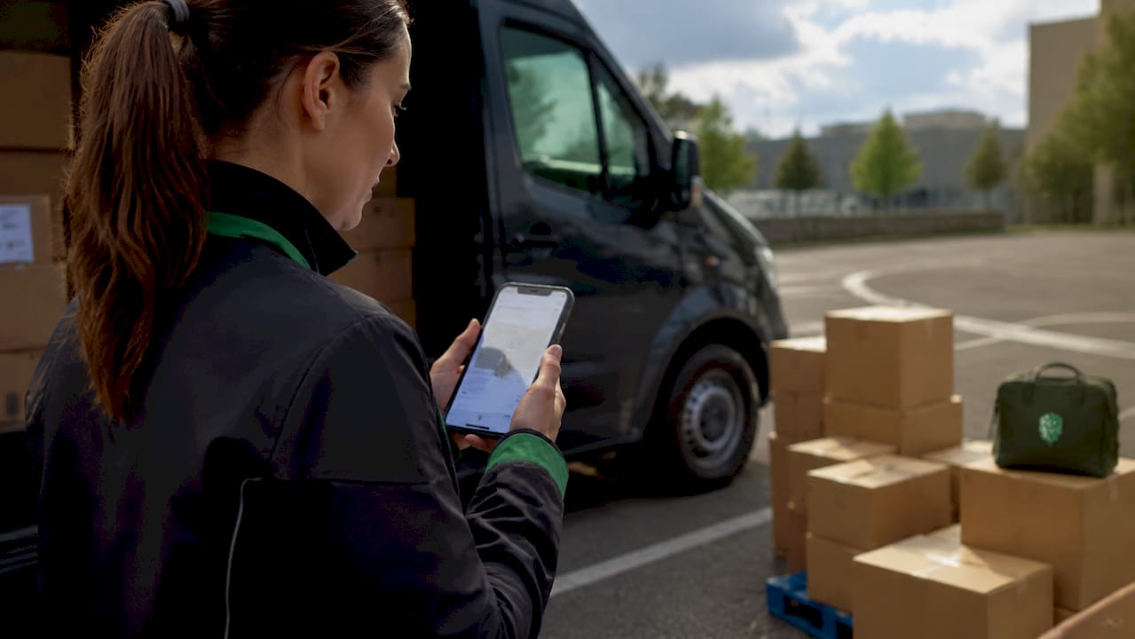 Courier checking parcel tracking on smartphone