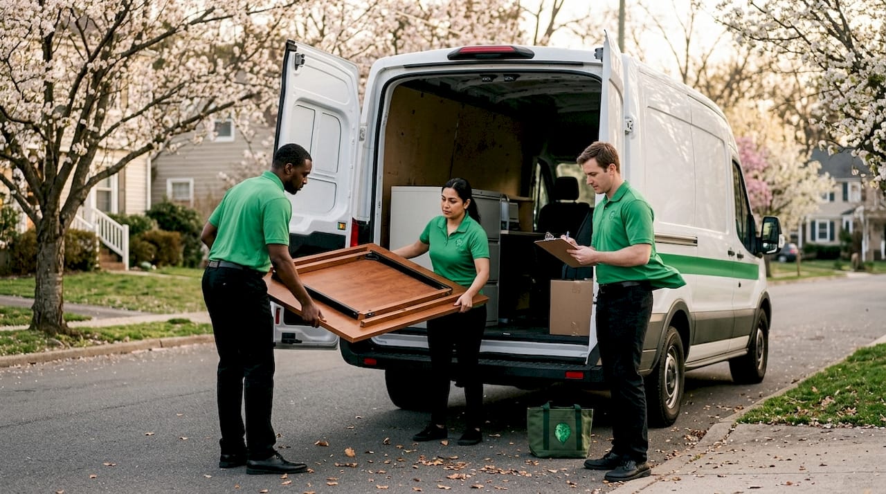 Team carrying office furniture into moving van