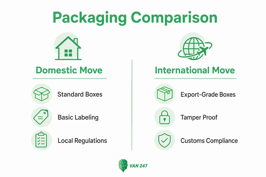 Infographic comparing domestic and international packaging