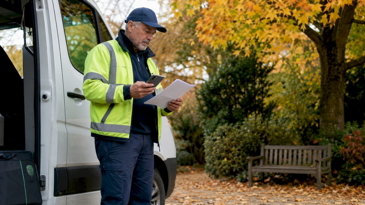 Delivery driver reviewing route beside van