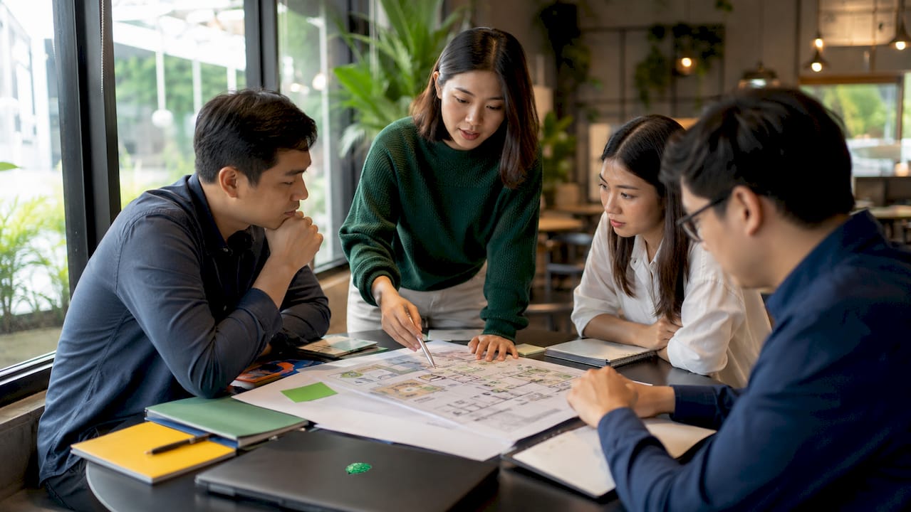 Workplace strategist reviewing office floor plan