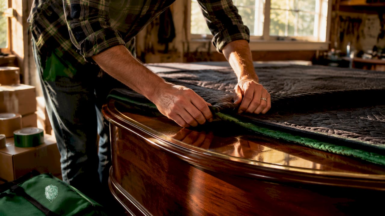 Hands wrapping piano keyboard lid with protective materials