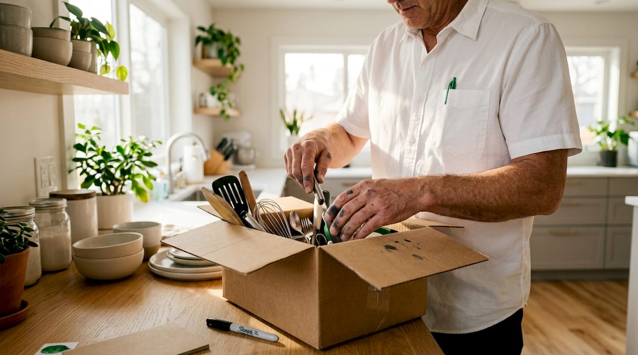 Close-up hands labeling moving box