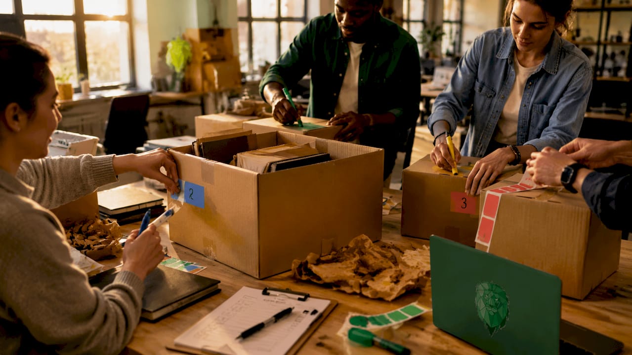 Hands labeling office moving boxes carefully
