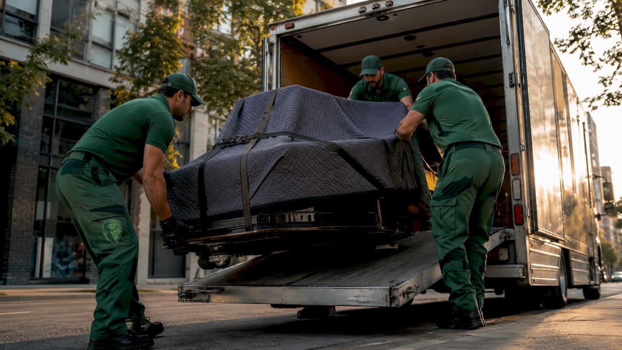 Professional movers carrying insured piano outdoors