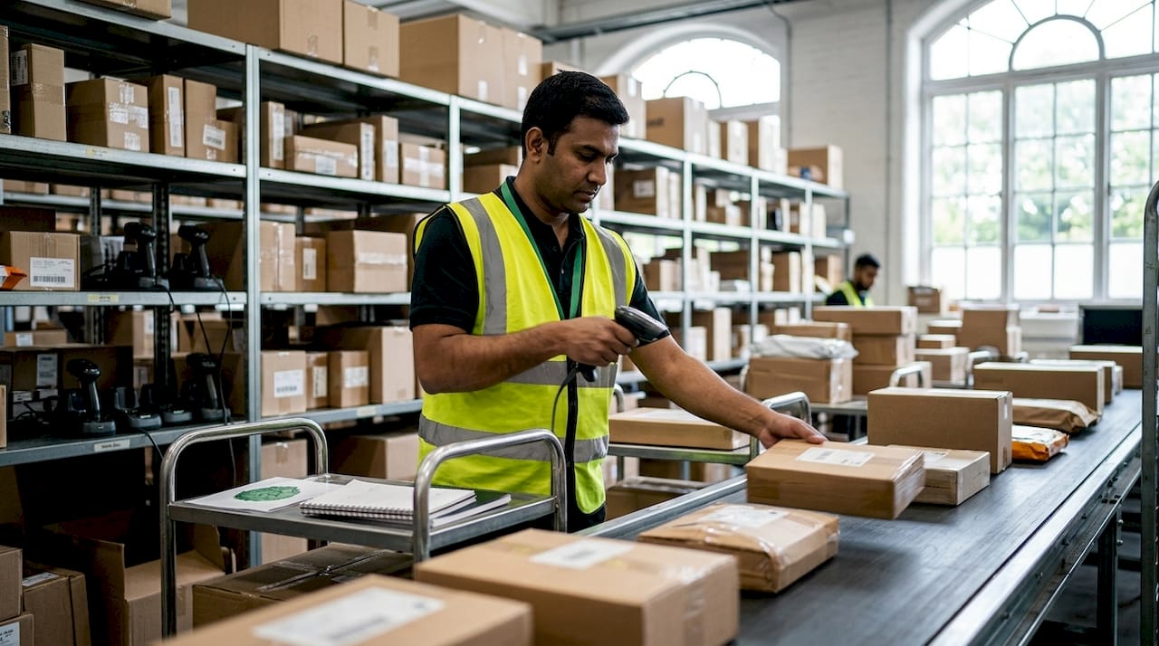 Courier worker sorting express parcels in depot