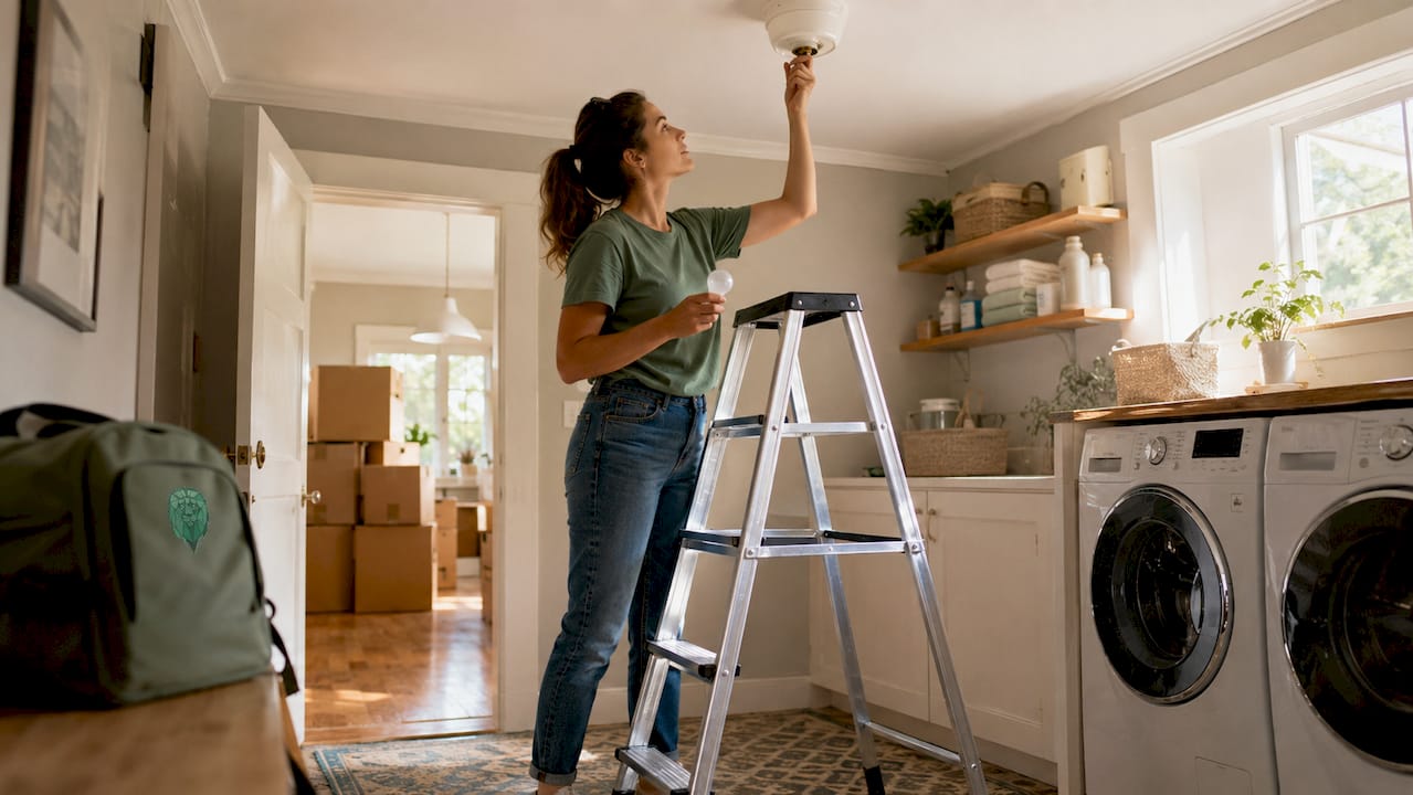 Woman replacing light bulb in hallway for safe move