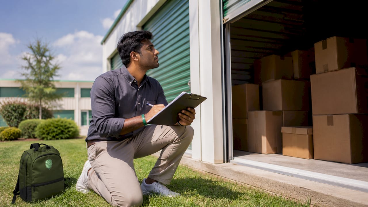 Man inspecting self-storage unit with clipboard