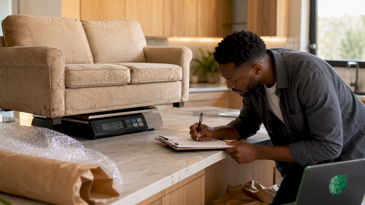 Man weighing sofa for moving cost estimate