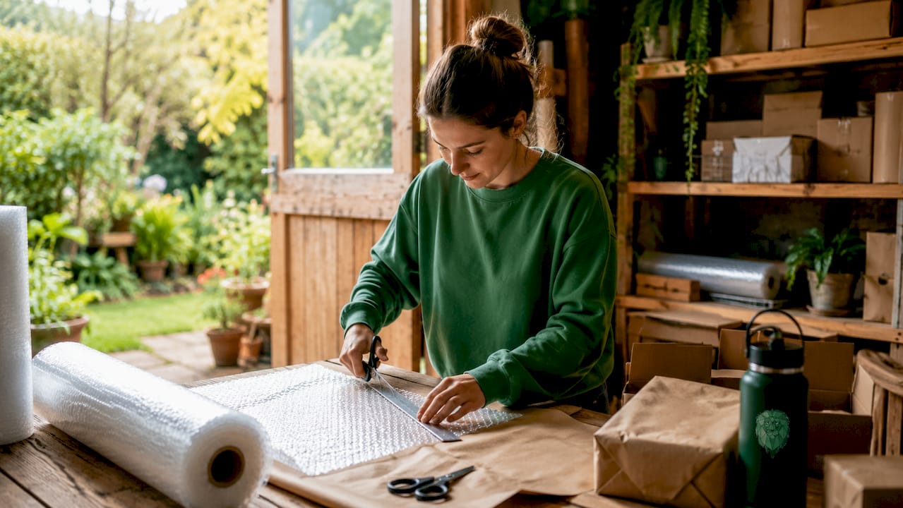 Hands cutting bubble wrap at kitchen counter