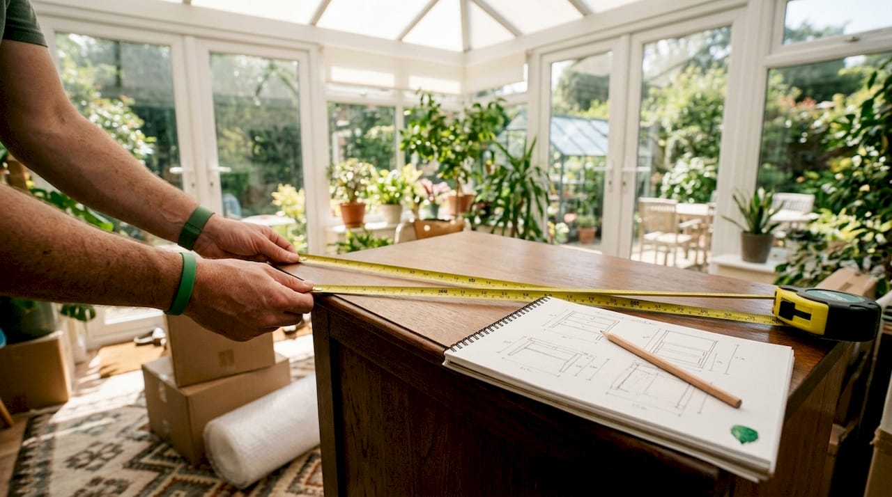 Hands measuring large furniture item on living room floor