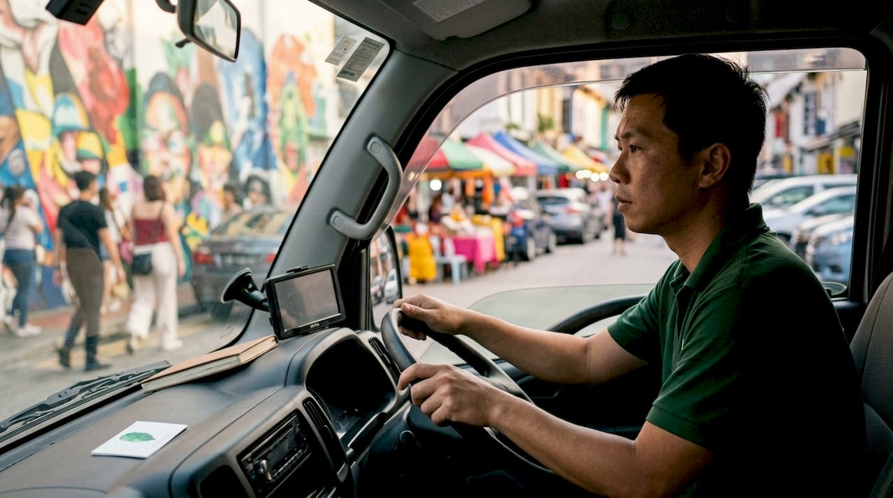 Local mover driving van on residential street