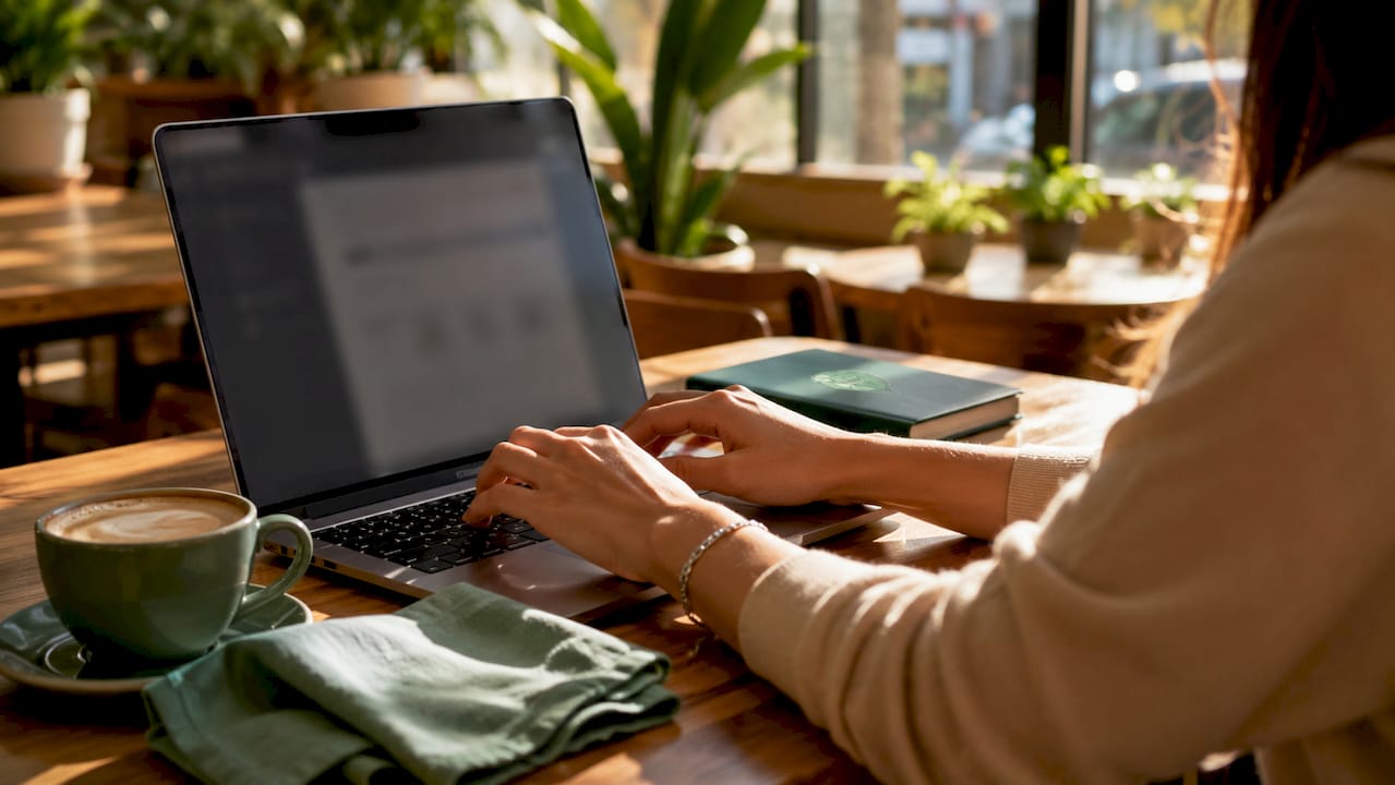 Hands typing on laptop assessing online testimonials