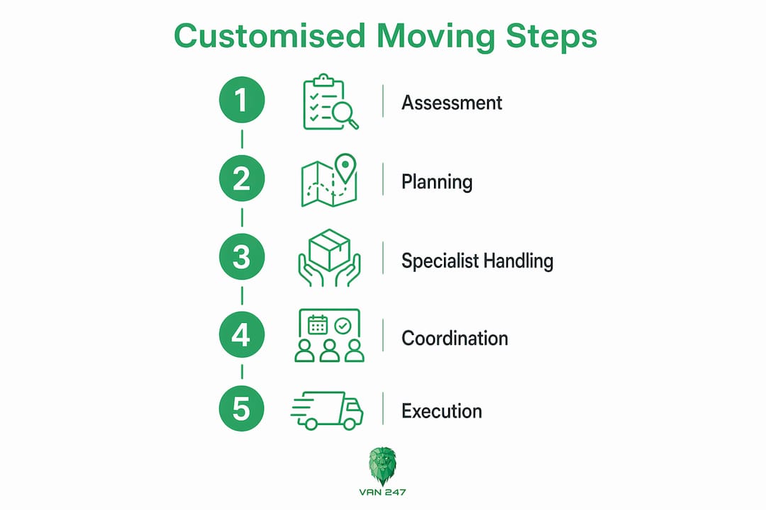 Infographic showing five key steps of customised commercial moving