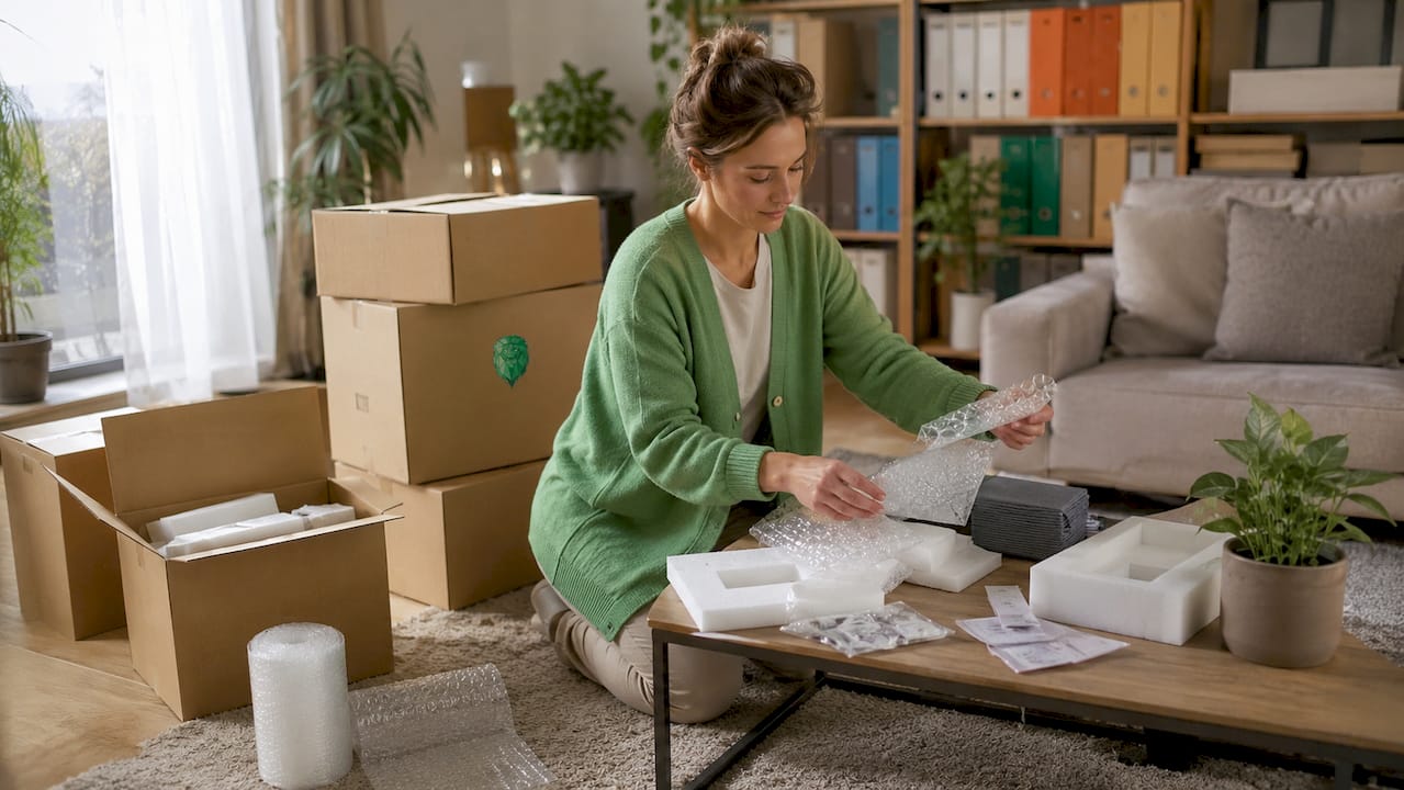 Hands organizing packing materials on table