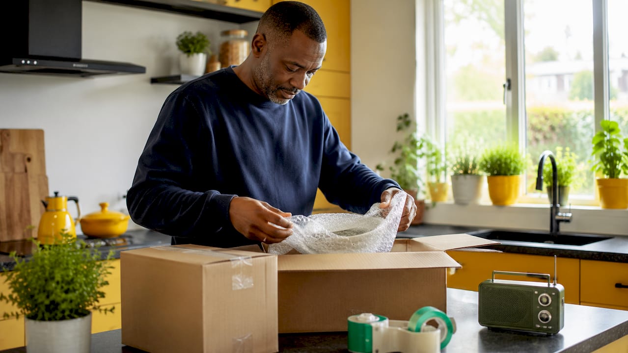 Man packing fragile items for move