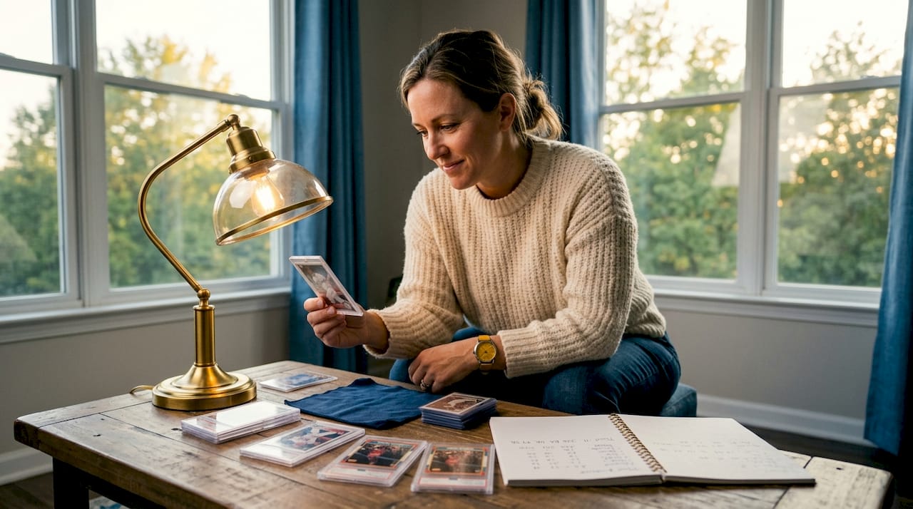 Woman examining graded and raw rookie cards