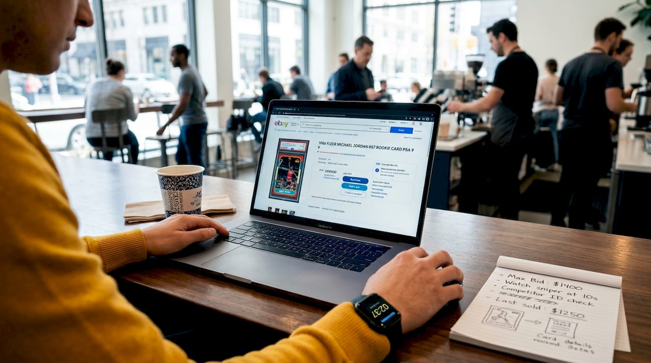 Laptop showing eBay sports card auction bidding
