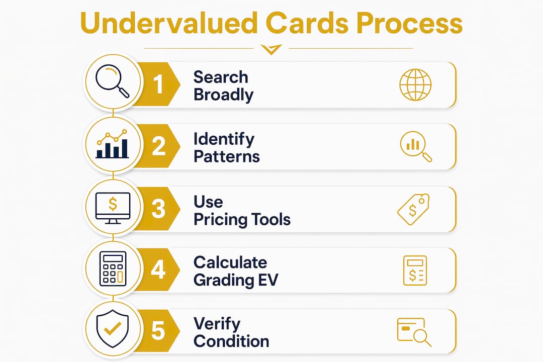 Infographic illustrating steps to identify undervalued sports cards
