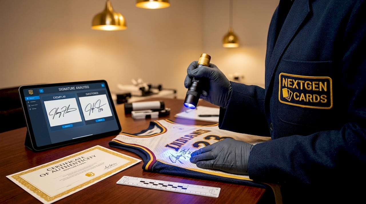 Forensic expert examining signed jersey under UV light
