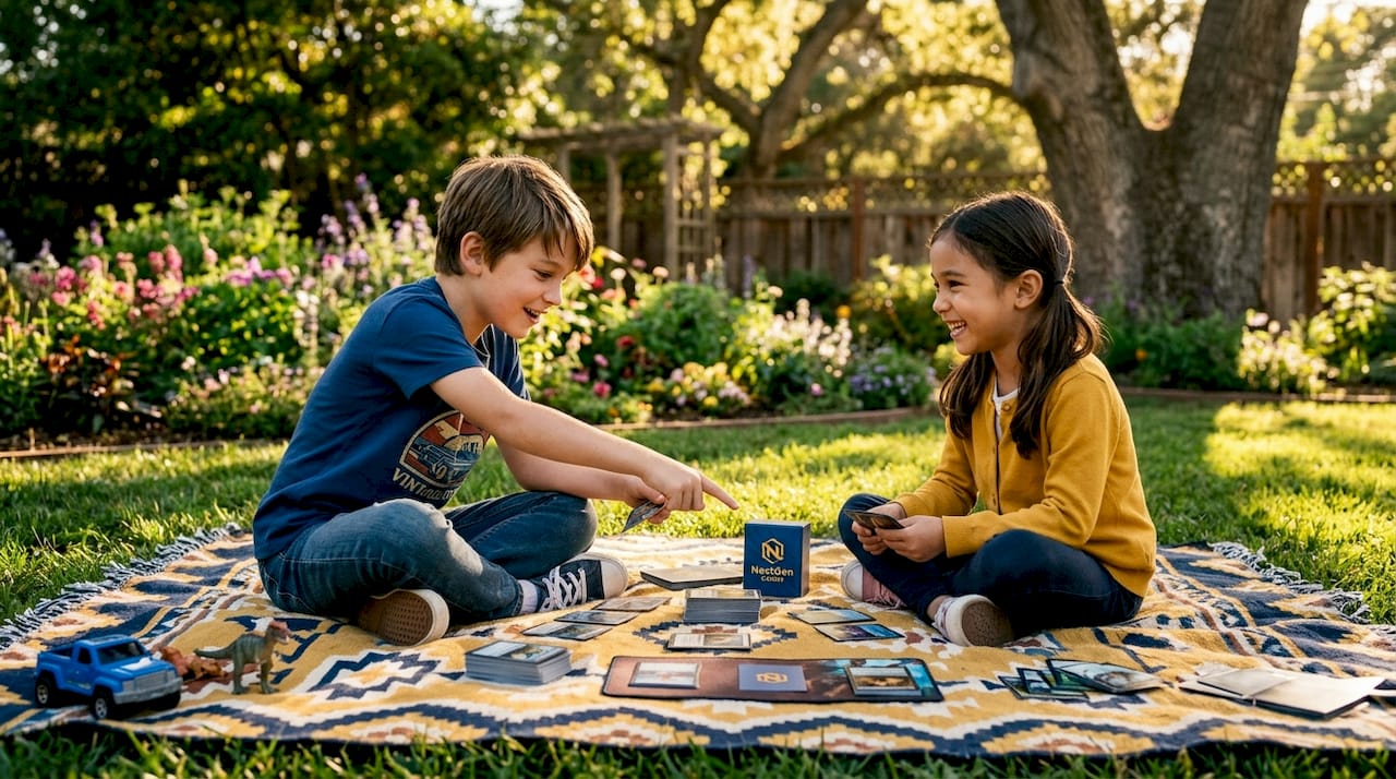 Kids cooperatively playing trading cards outside